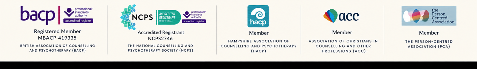 BACP, NCPS, HACP, ACC and Person-Centred Association memberships